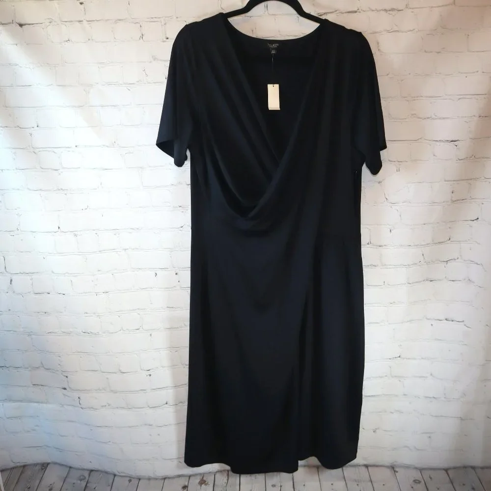 Talbots Black Short Sleeve Faux Wrap Sheath Midi Dress Women's Size 2XP-NWT - Picture 1 of 9